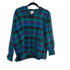 Koret Plaid Silk Blouse Teal Blue Large Vintage Button Down Office Casual